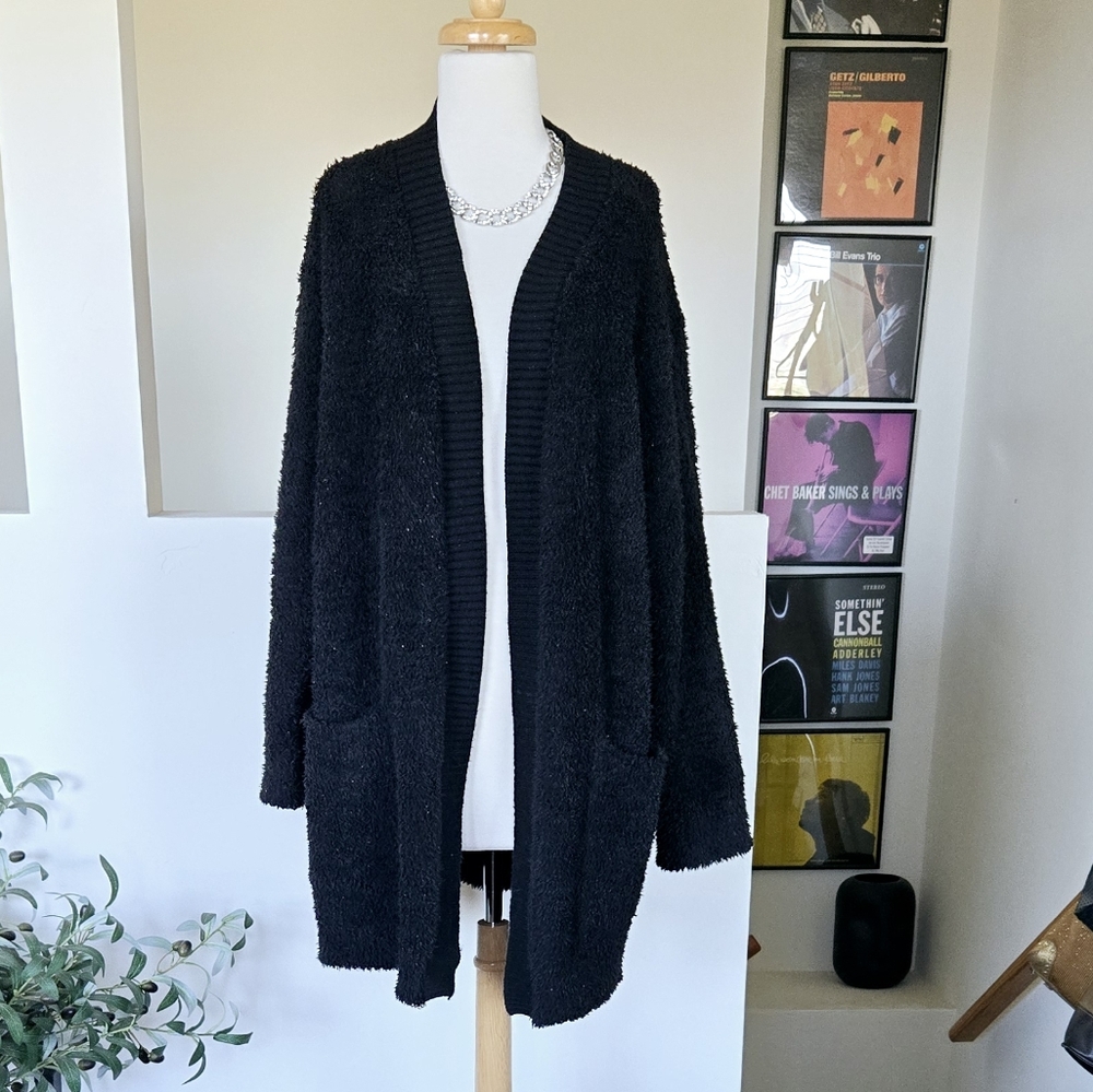 BAREFOOT DREAMS Cozy Chic Ribbed Knit Trim Cardigan Sweater Coat Black 1X - Picture 12 of 12